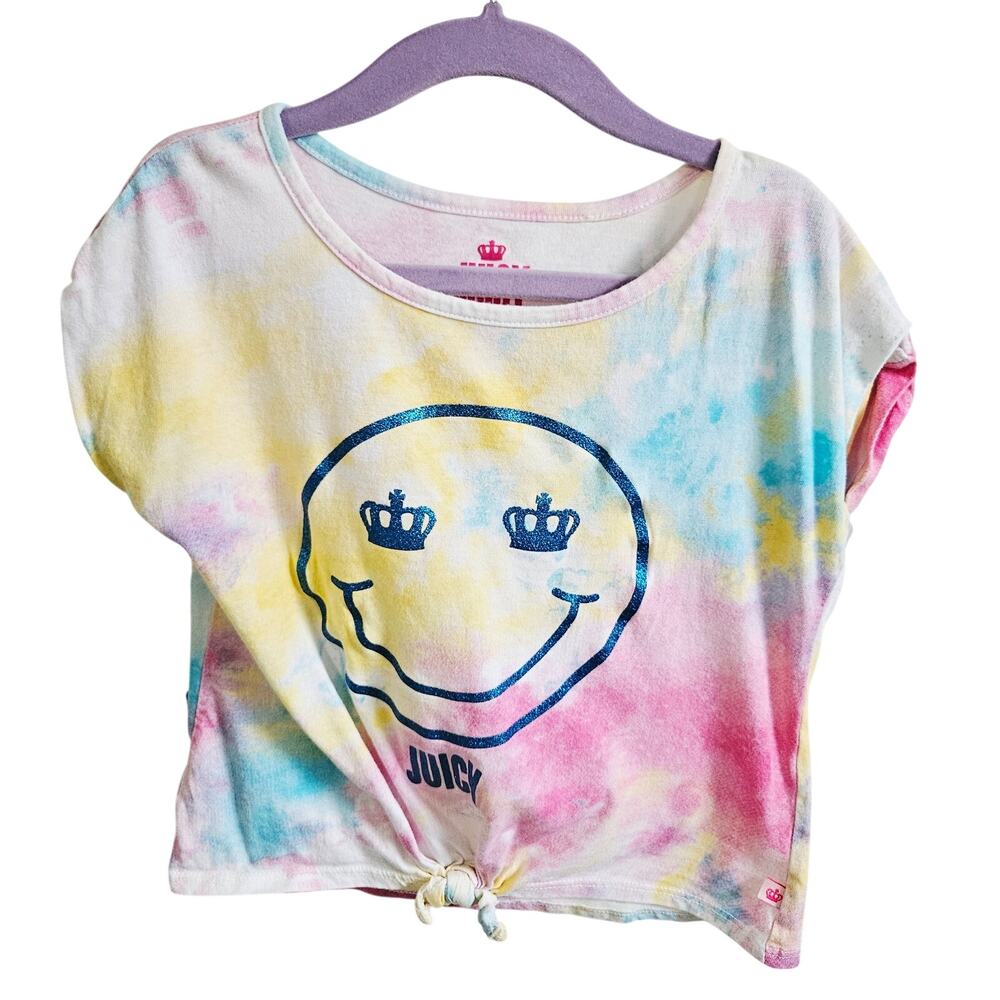 Juicy Couture Smiley Face Crown Eyes Tie Dye Crop Tee Shirt Tie Bottom Y2K XS